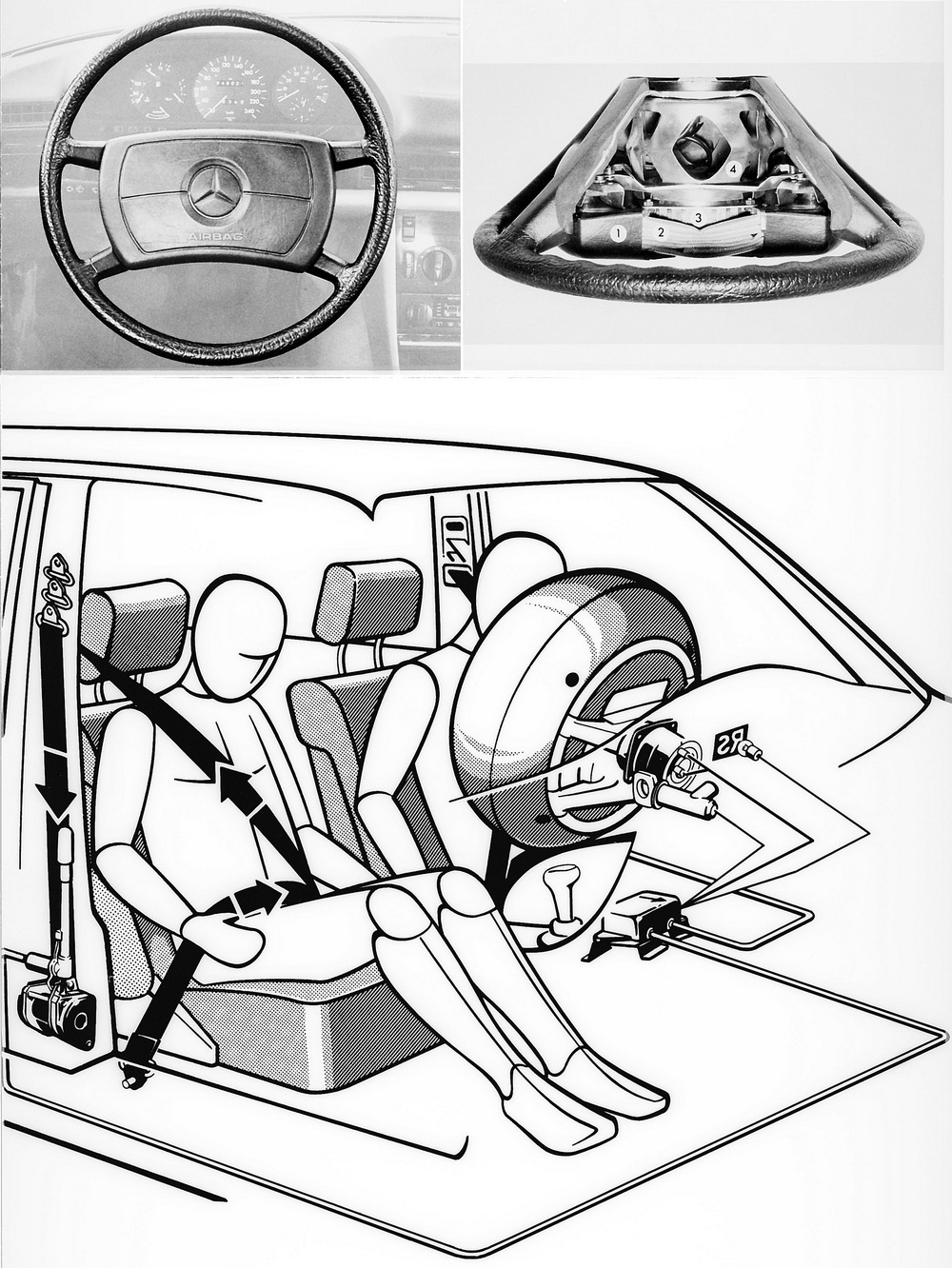 Airbag and belt tesnsioner in Mercedes-Benz S-Class, 1981