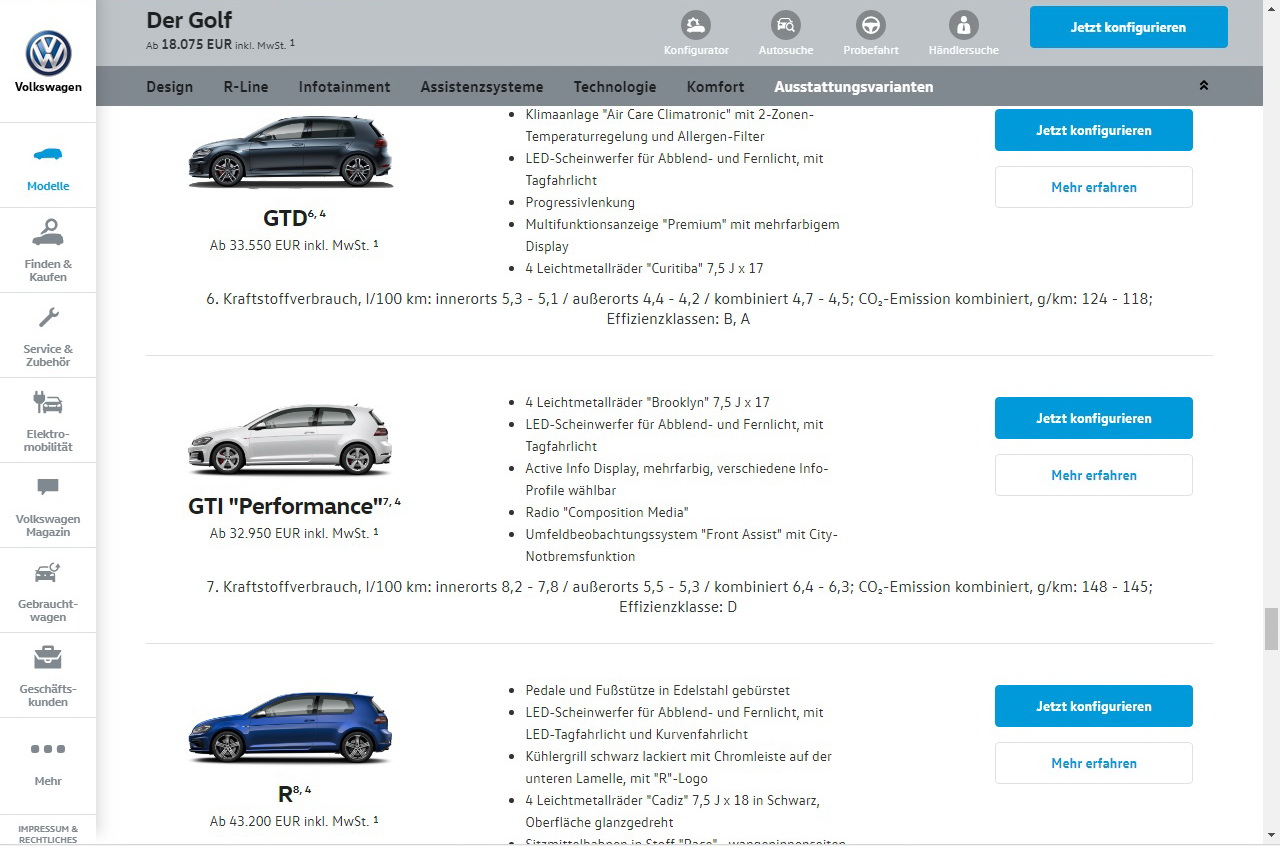 VW Golf website screenshot
