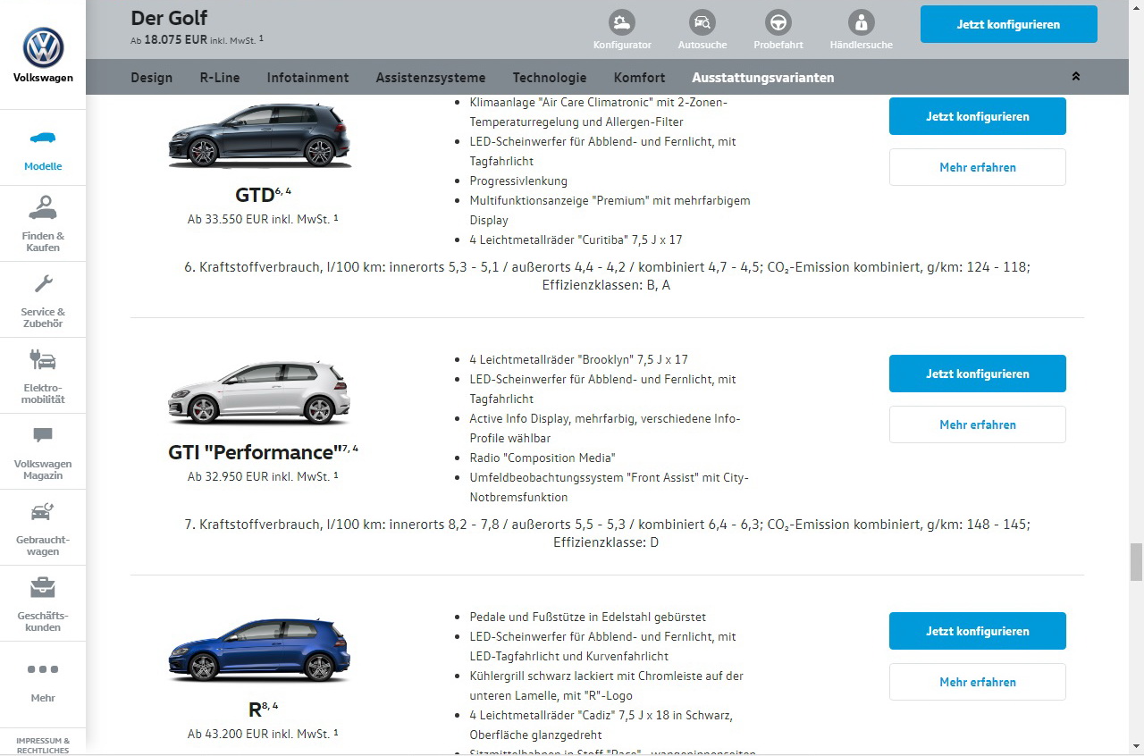 VW Golf website screenshot