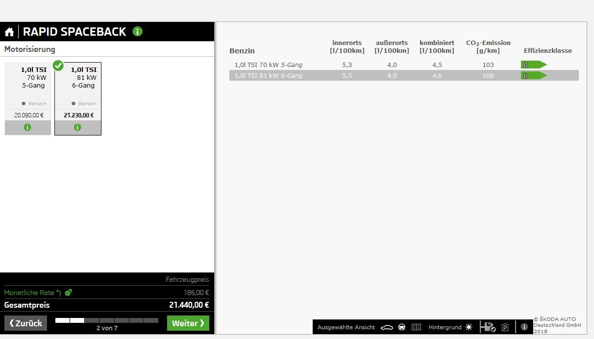 Škoda Rapid configurator