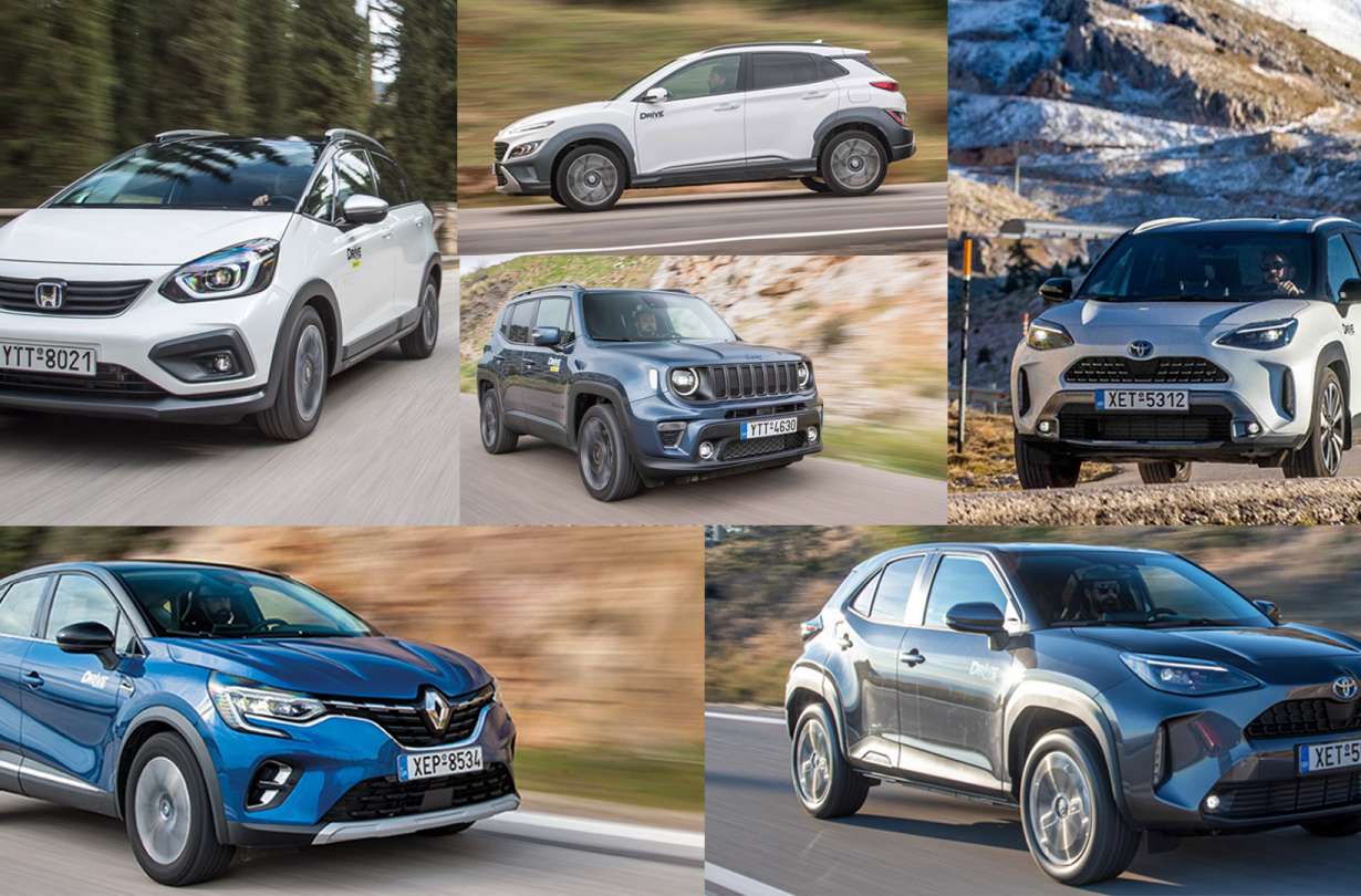 Hybrid B-SUV: Honda Jazz Crosstar, Hyundai Kona 1.6 GDi Hybrid DCT-6, Toyota Yaris Cross, Toyota Yaris Cross AWD-i. PHEV B-SUV: Jeep Renegade 1.3 4xe, Renault Captur E-Tech Plug-In Hybrid. Hybrid B-SUV comparative market test, photo credits DRIVE Magazine/Thanassis Koutsogiannis