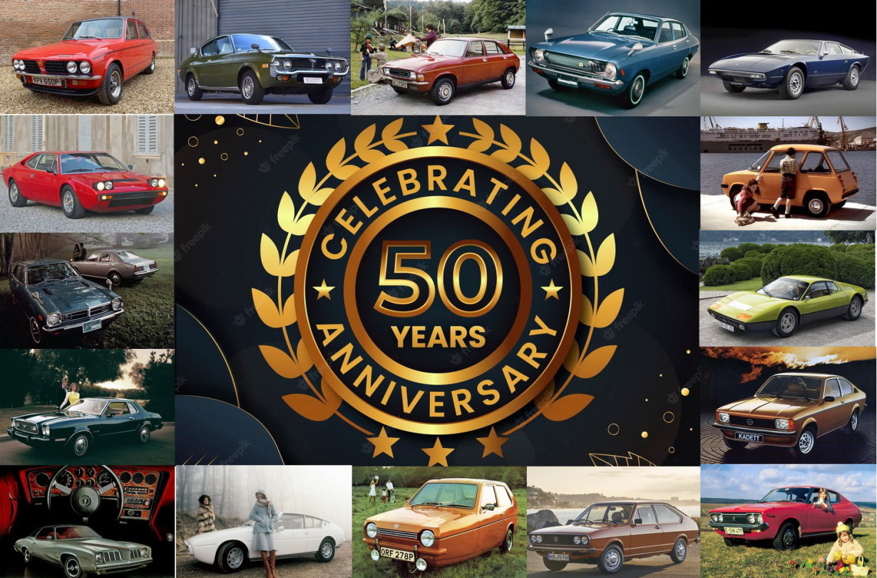 Austin Allegro, Datsun Violet, Datsun Sunny, Enfield 8000, Ferrari 365GT4 Berlinetta Boxer, Dino 308GT4, Ford Mustang II, Maserati Khamsin, Matra Bagheera, Mazda RX-4, Mitsubishi Colt Lancer, Opel Kadett, Pontiac Grand Am, Reliant Robin, SEAT 132, Toyota Publica Starlet, Triumph Dolomite Sprint, Volkswagen Passat 50ά γενέθλια: Τα 20 τοπ λανσαρίσματα του 1973