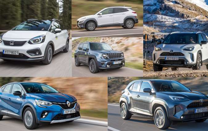 Hybrid B-SUV: Honda Jazz Crosstar, Hyundai Kona 1.6 GDi Hybrid DCT-6, Toyota Yaris Cross, Toyota Yaris Cross AWD-i. PHEV B-SUV: Jeep Renegade 1.3 4xe, Renault Captur E-Tech Plug-In Hybrid. Hybrid B-SUV comparative market test, photo credits DRIVE Magazine/Thanassis Koutsogiannis